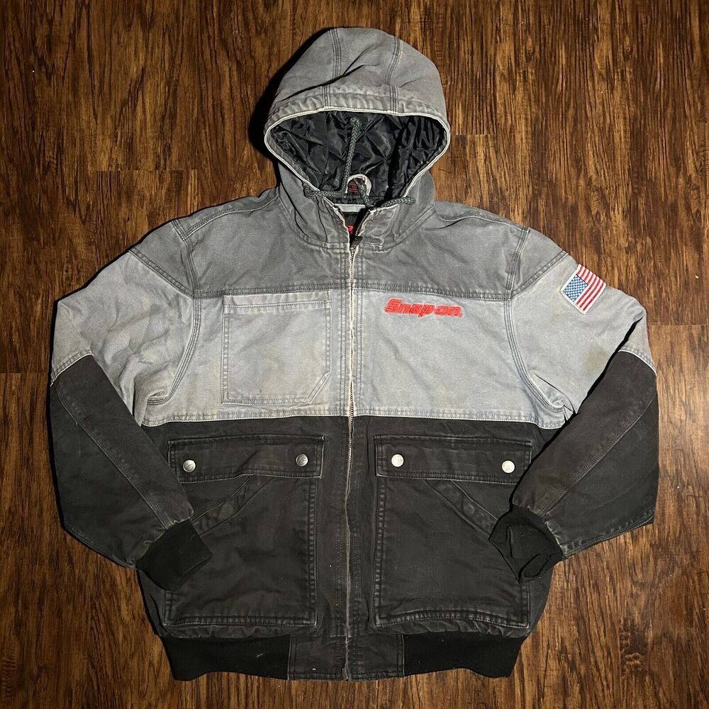 Distressed Snap-on Tools Heavyweight Quilted Hooded Coat Jacket Zip Up Size L